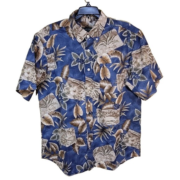 David Taylor Cotton Black Button Down Tropical Floral Hawaiian Shirt Size L - Picture 1 of 10